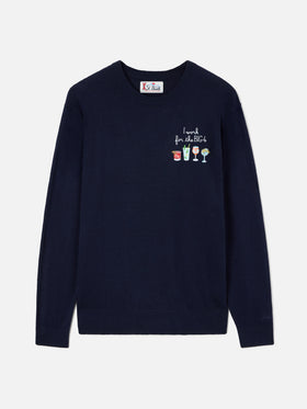 Navy blue Heron jersey de cuello redondo en mezcla de lana ligera y cachemira con bordado Big 4 