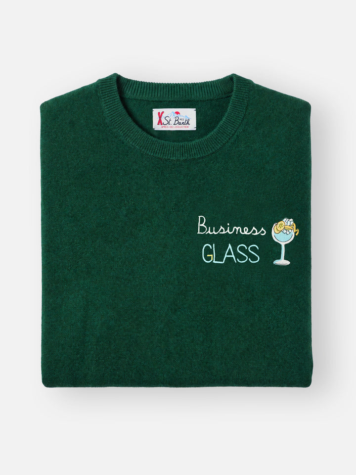 Green Heron jersey de cuello redondo en mezcla ligera de lana y cachemira con bordado Business Glass 