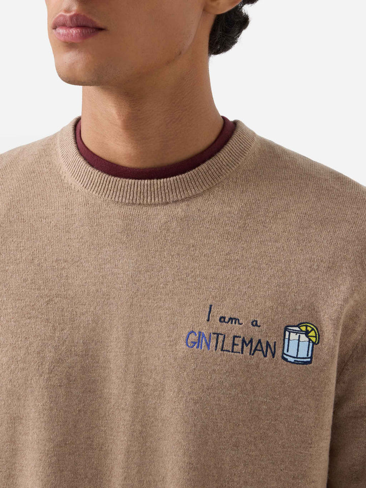Jersey de cuello redondo Beige Heron en mezcla ligera de lana y cachemir con bordado Gintleman 