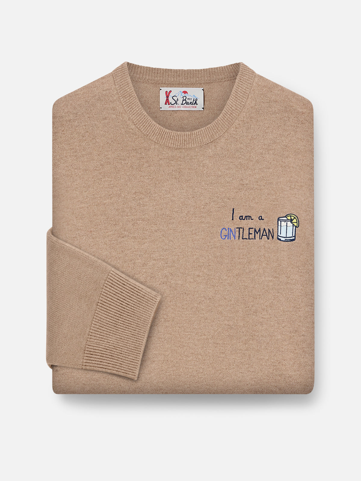 Jersey de cuello redondo Beige Heron en mezcla ligera de lana y cachemir con bordado Gintleman 