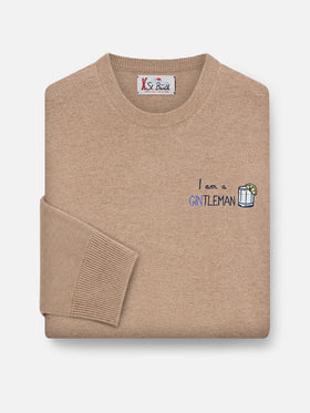 Jersey de cuello redondo Beige Heron en mezcla ligera de lana y cachemir con bordado Gintleman 