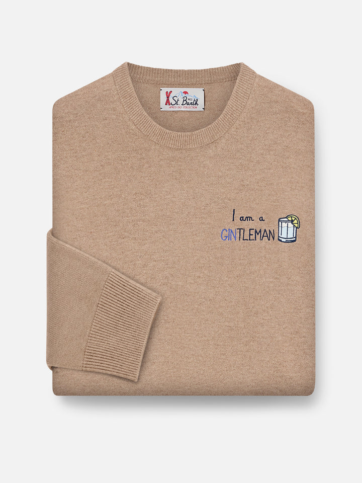 Pull col rond Beige Heron en mélange léger de laine et de cachemire avec broderie Gintleman 