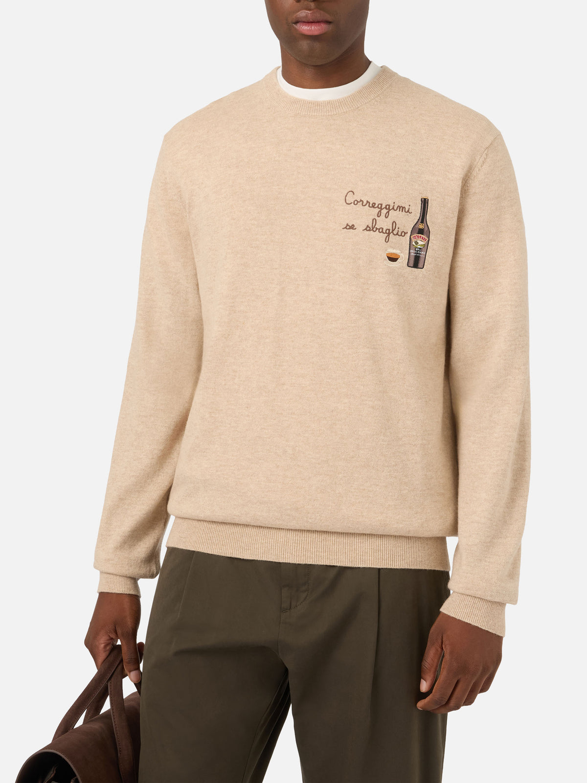 Beige Heron Rundhalspullover aus einer leichten Woll- und Kaschmirmischung mit Baileys-Stickerei | Special edition 
