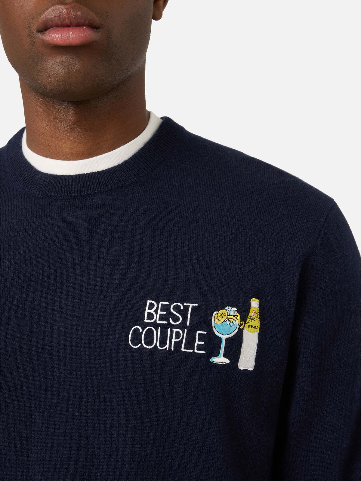 Marineblauer blue Heron Rundhals-Strickpullover mit Best Couple-Stickerei | Special edition 