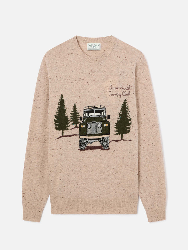 Beiger Heron Donegal-Strickpullover mit Rundhalsausschnitt, Country Club-Intarsie und Stickerei 