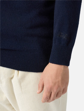 Heron Light sweater in 100% blue CASHMERE with St. Moritz intarsia | ST. MORITZ TOP OF THE WORLD