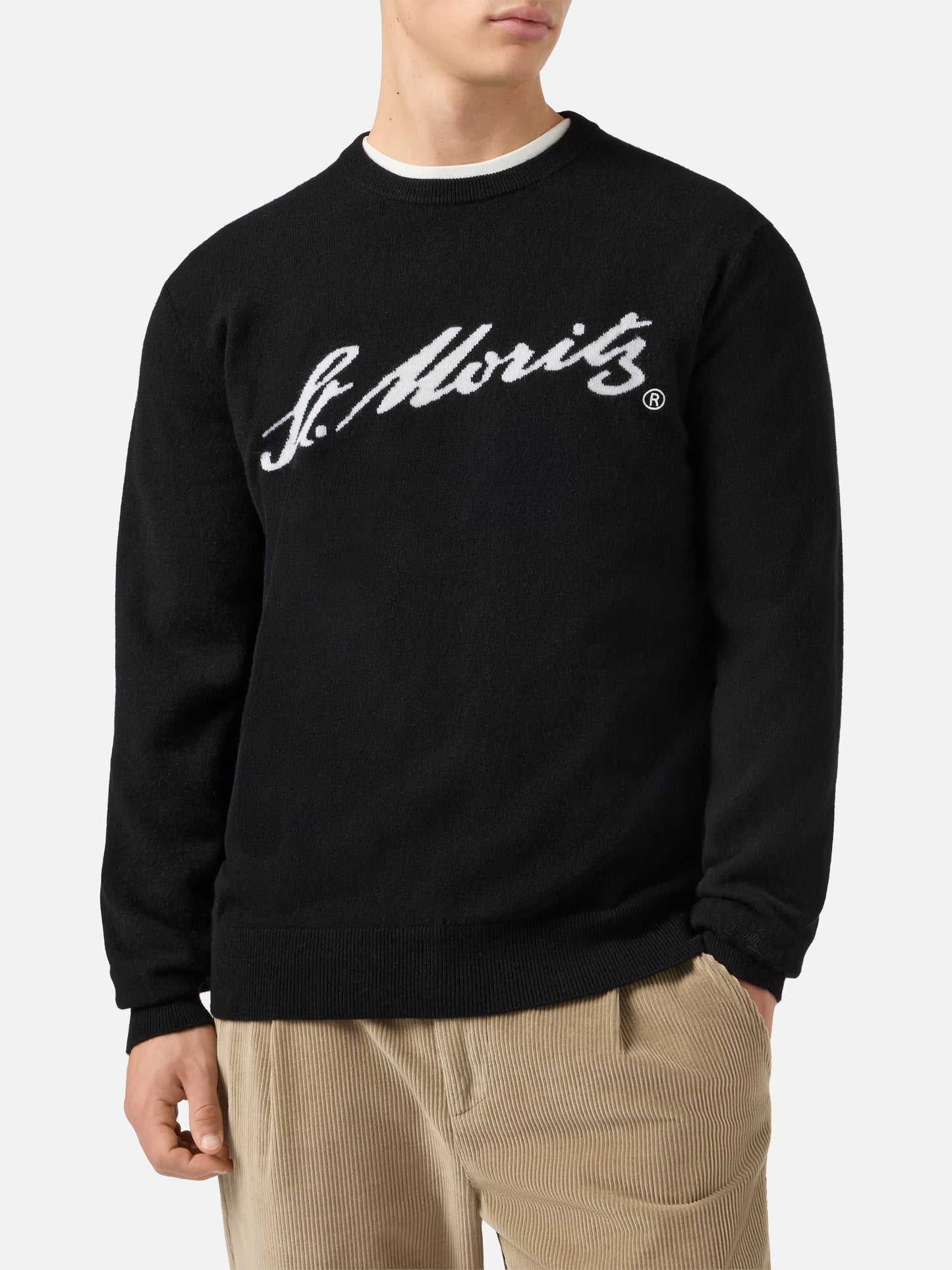 Heron Light sweater in 100% black CASHMERE with St. Moritz intarsia | ST. MORITZ TOP OF THE WORLD