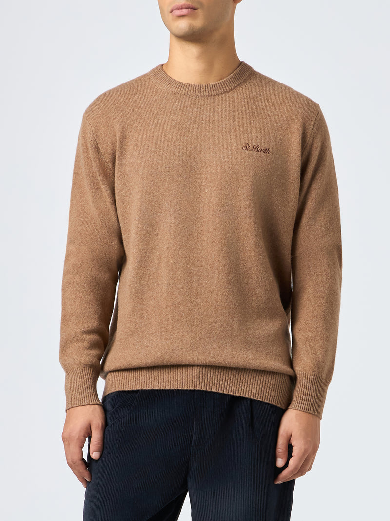 Man crewneck camel lambswool sweater with St. Barth embroidery