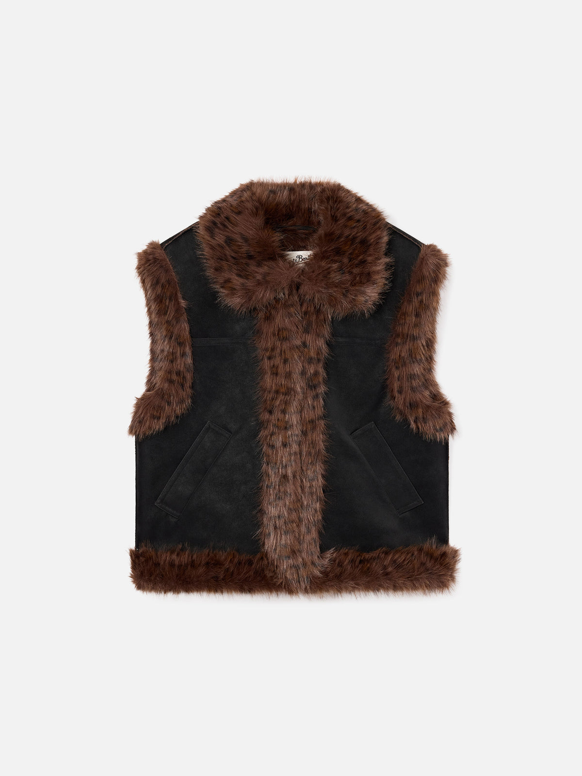 Black Hesketh faux leather vest with leopard faux fur