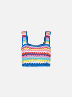 Multicolor crochet Halima top on bluette background