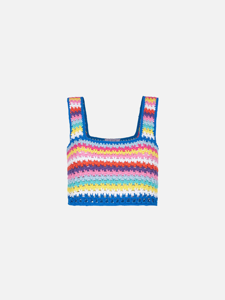 Multicolor crochet Halima top on bluette background