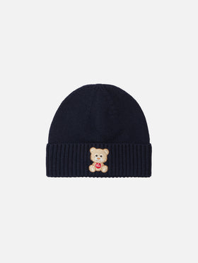 Holden cashmere-blend beanie in blue with Trudi bear embroidery | TRUDI SPECIAL EDITION