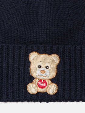 Holden cashmere-blend beanie in blue with Trudi bear embroidery | TRUDI SPECIAL EDITION