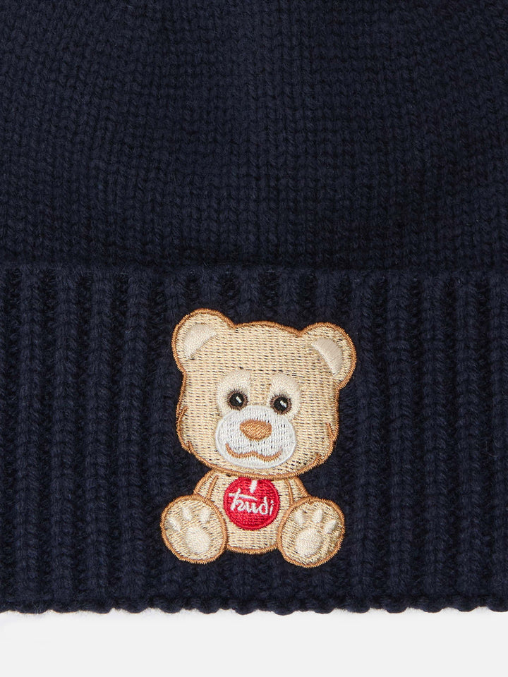 Holden cashmere-blend beanie in blue with Trudi bear embroidery | TRUDI SPECIAL EDITION