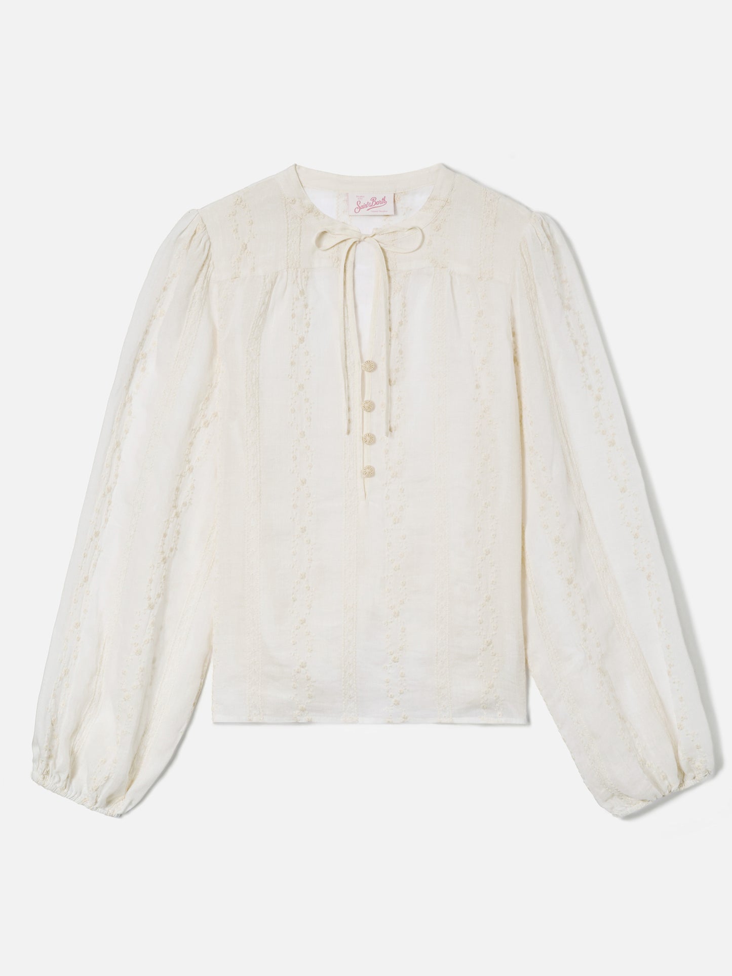Beige ramie Harper blouse with embroidered motif