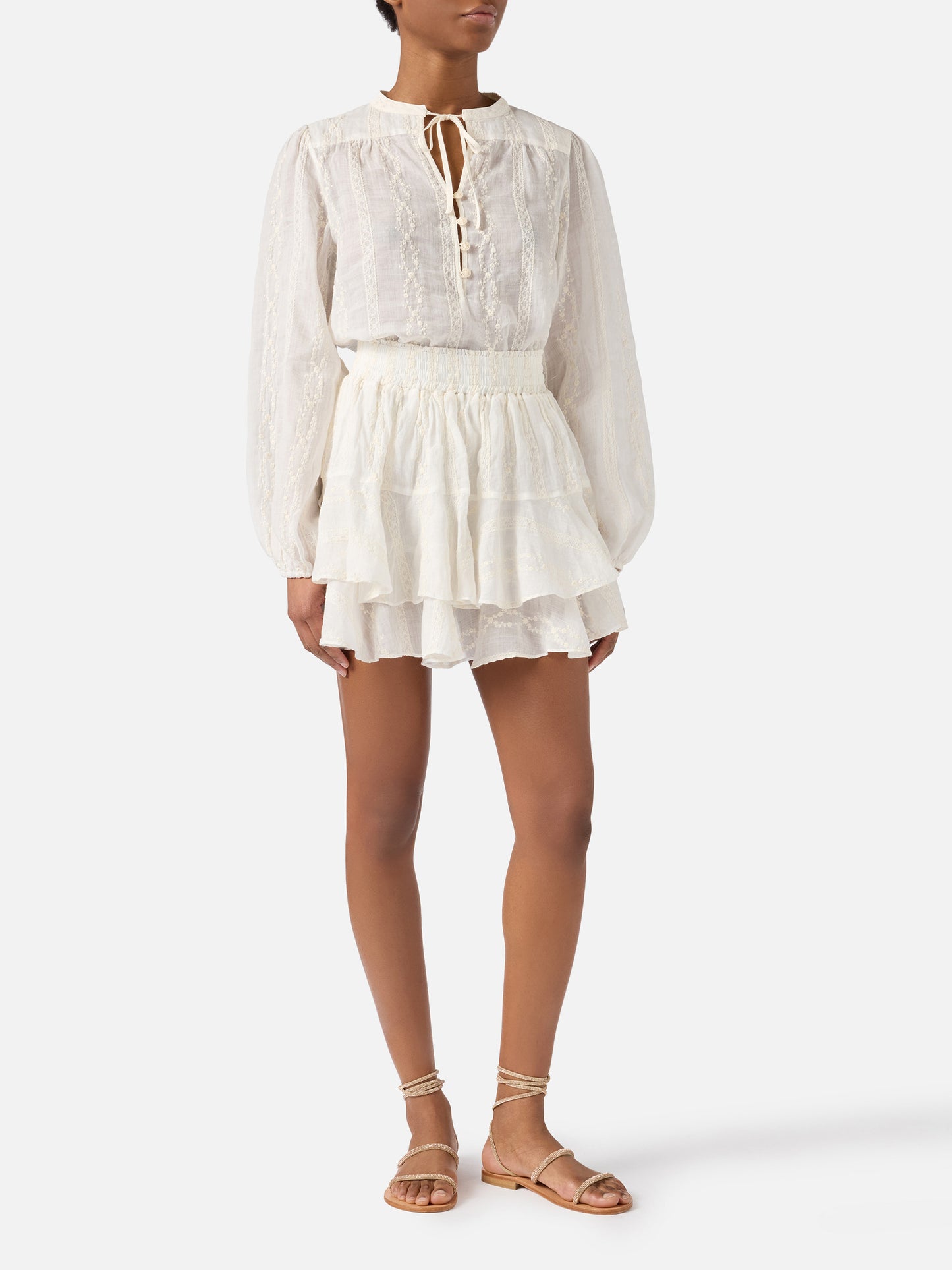 Beige ramie Harper blouse with embroidered motif