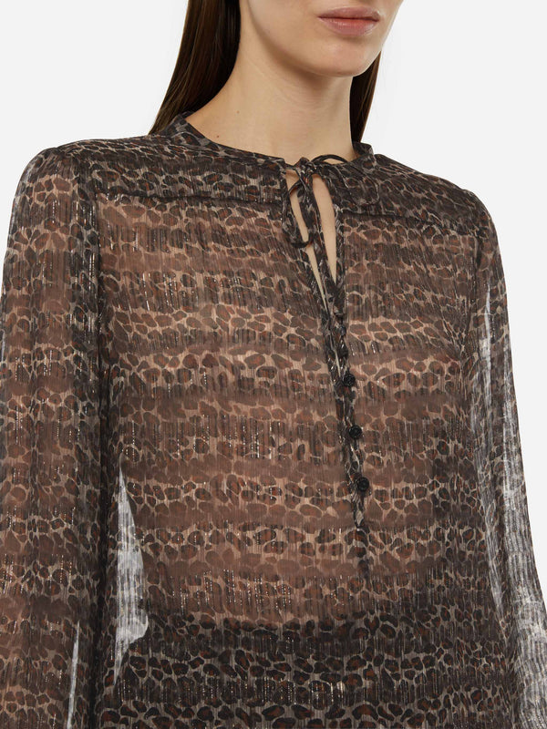 Harper silk voile blouse in lurex silk voile with animalier print