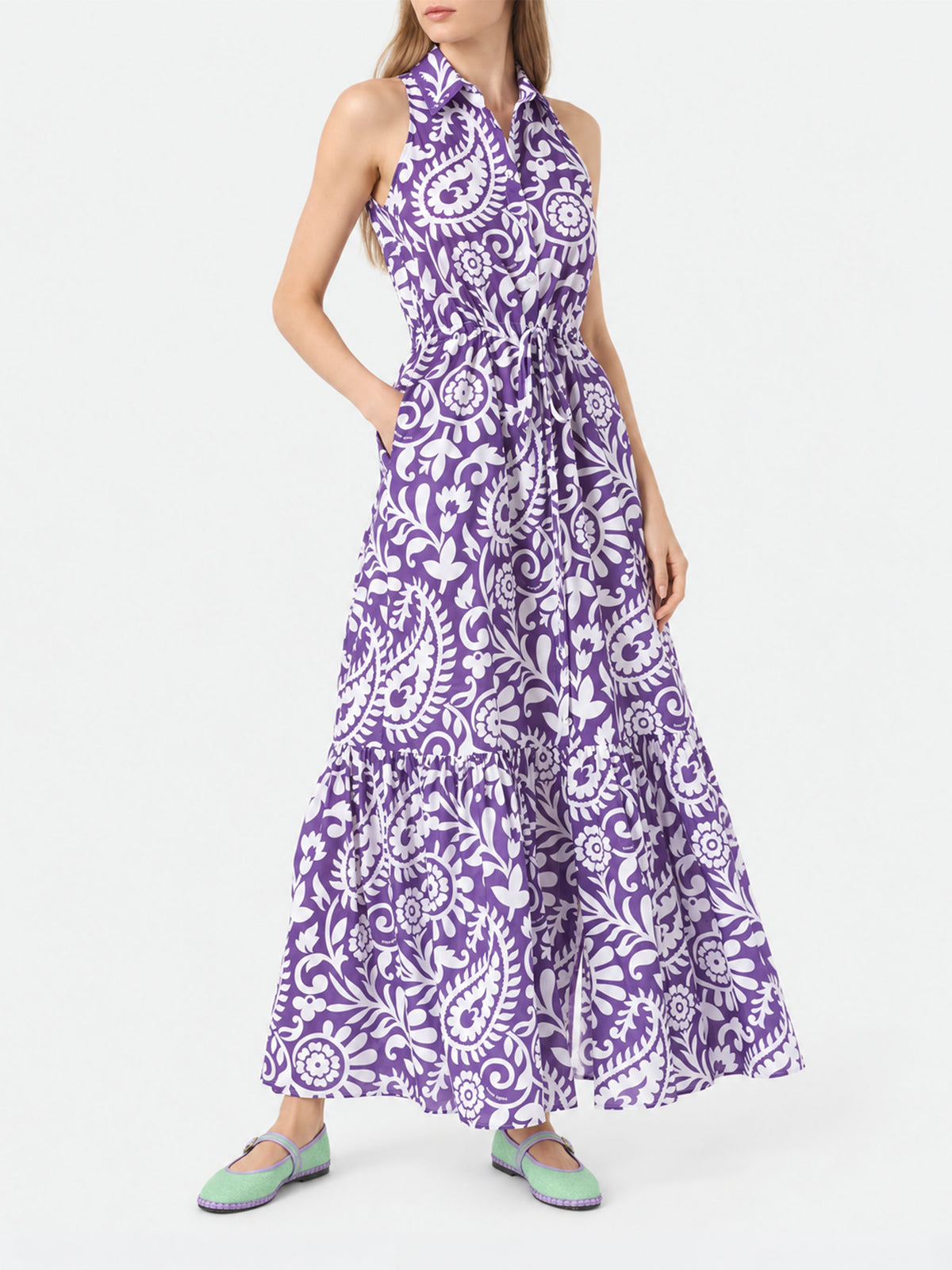 Vestido largo Ida de algodón morado con estampado paisley 
