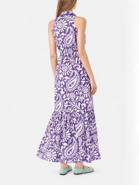 Vestido largo Ida de algodón morado con estampado paisley 