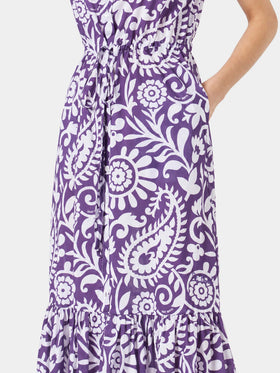 Vestido largo Ida de algodón morado con estampado paisley 