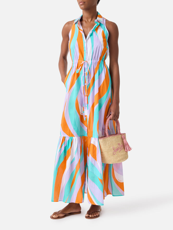 Ida cotton long dress with wave print