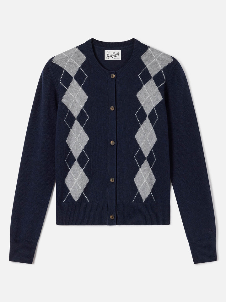 Cardigan Sierra blu navy in misto lana e cashmere con motivo argyle