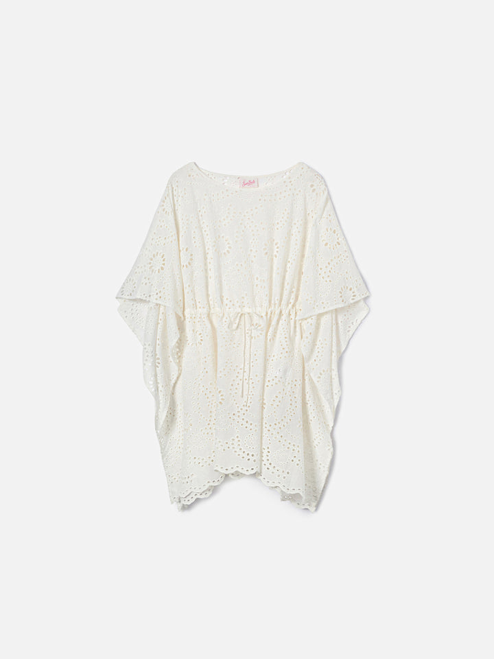 Iria short kaftan in white sangallo textile