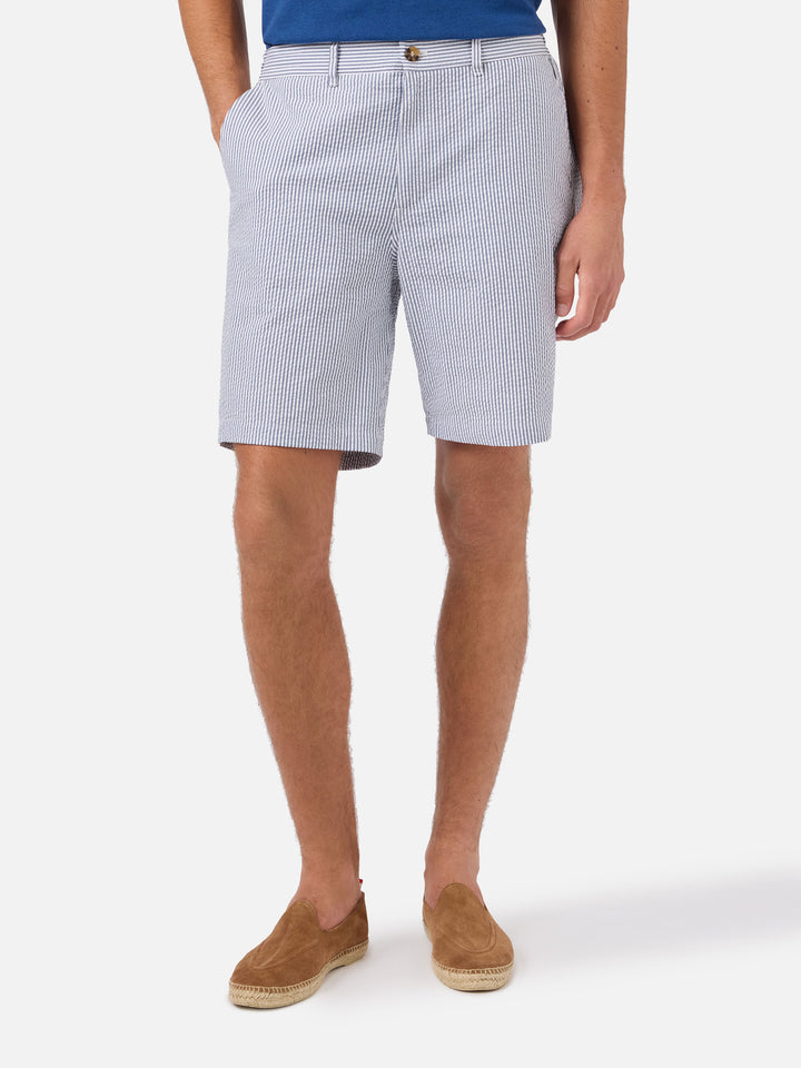 Marineblaue Ischia-Bermudashorts aus gestreiftem Seersucker 