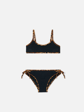 Jaiden String-Bikini aus schwarzem Crinkle mit Leopardenbesätzen 