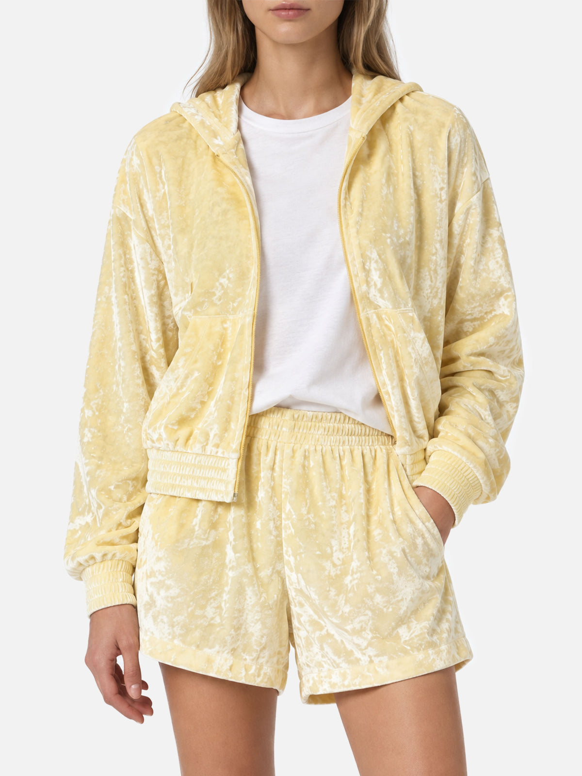 Sweat à capuche zippé en éponge jaune pâle Jasmine 