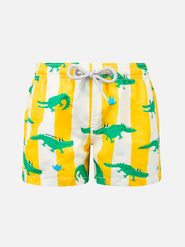 Boy mid-length Jean swim-shorts with crocodile print