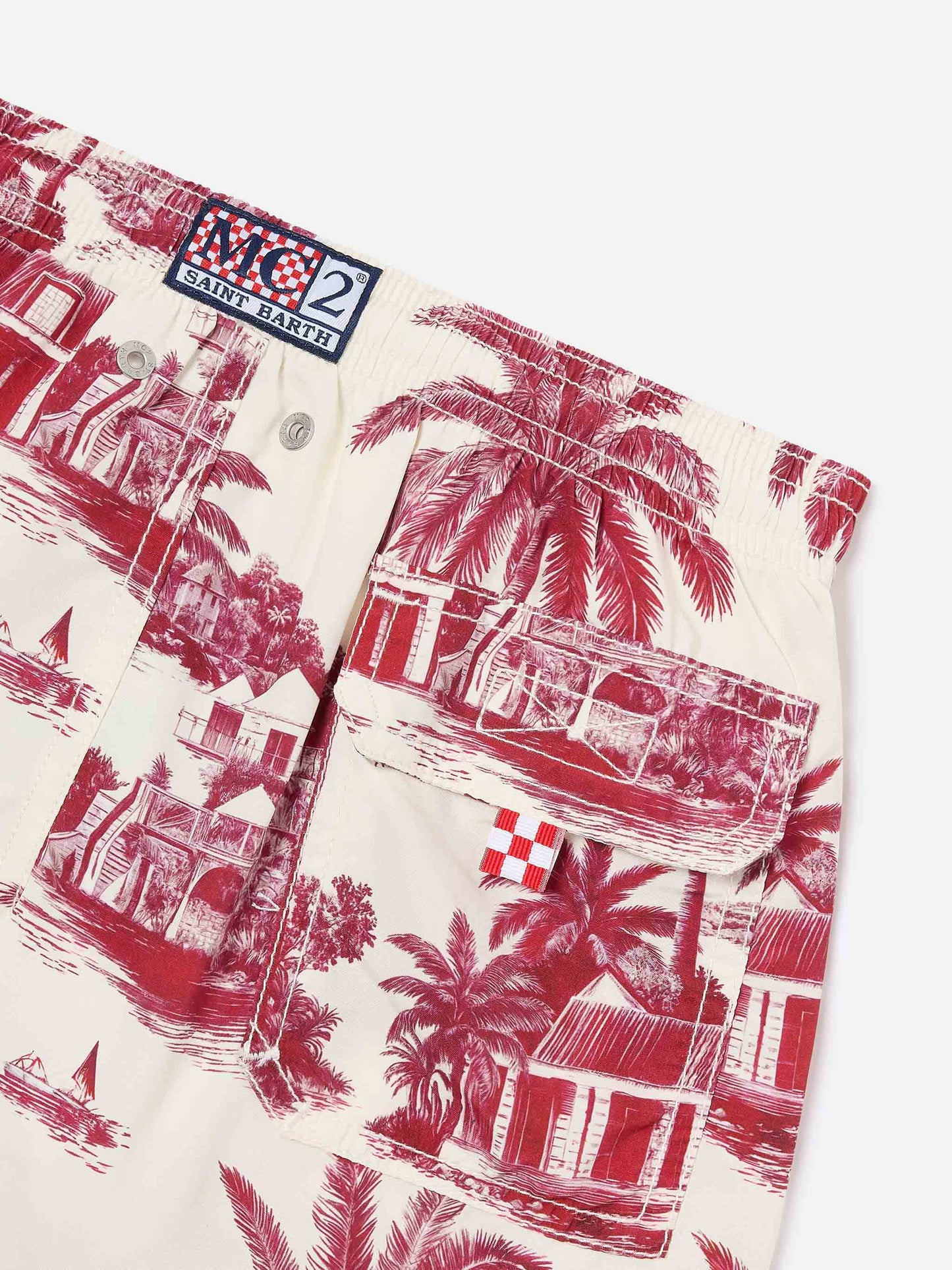 Jean swim shorts with Toile de Jouy red print