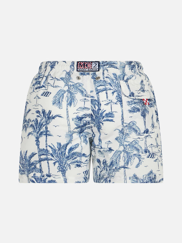 Mittellange Jeans-Badeshorts für Jungen mit Toile-de-Jouy-Print