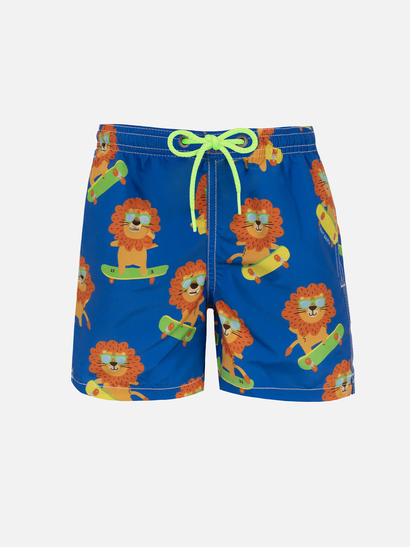 Boy mid-length Jean swim-shorts with skating leo print