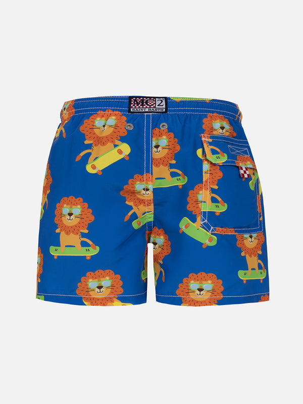 Mittellange Jeans-Badeshorts für Jungen mit Skating-Leo-Print