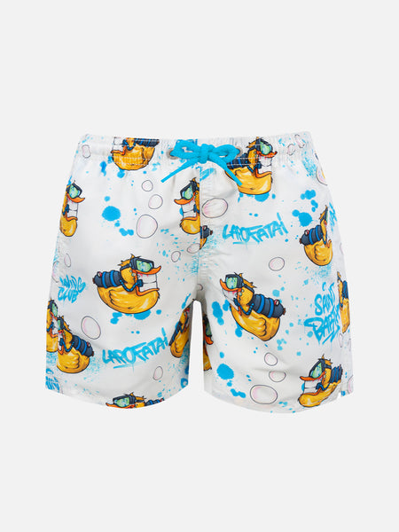 Boy mid-length Jean swim-shorts with Crypto Ducky print