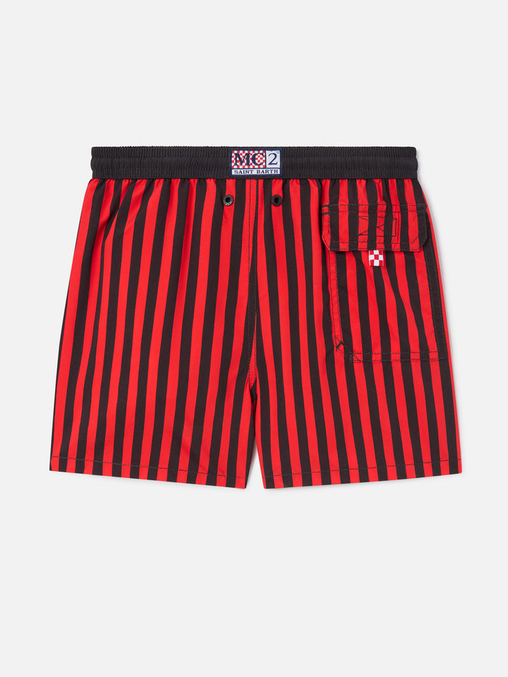 Bañador corto Jean rojo y negro con estampado de rayas y escudo Milan | Special edition 