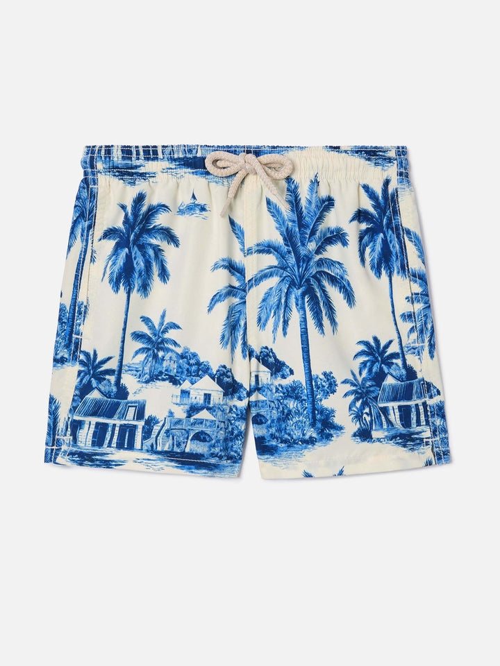 Jean swim shorts with Toile de Jouy blue print
