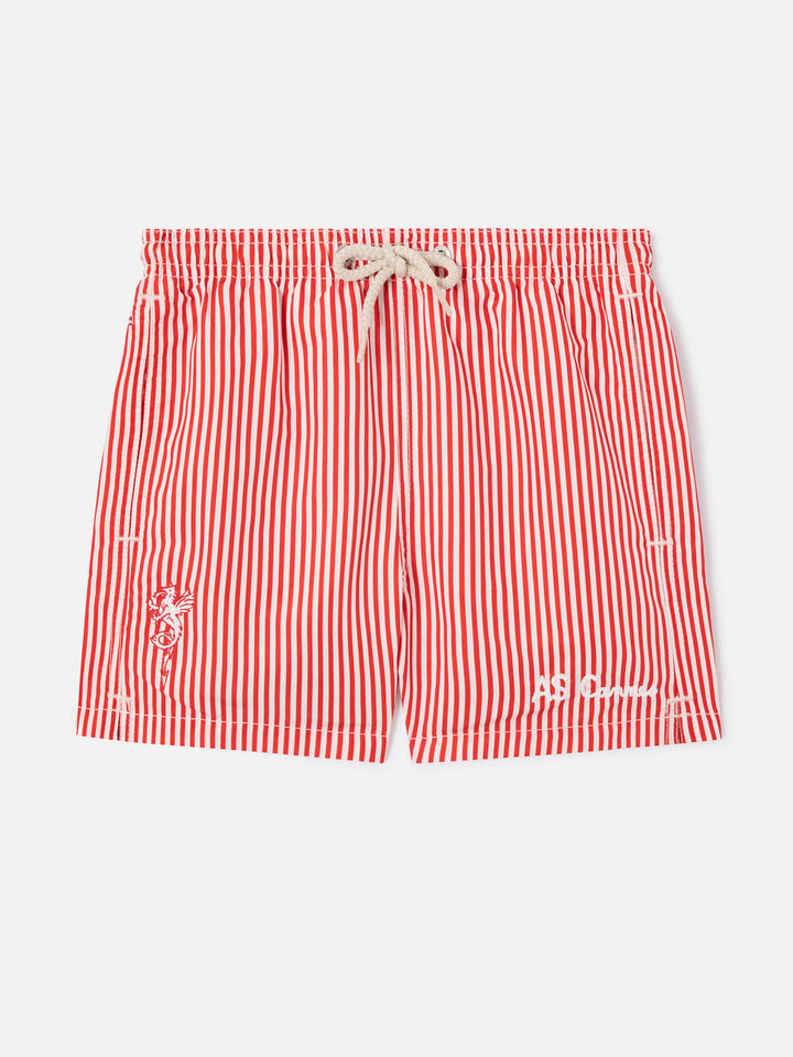 Rote gestreifte Badeshorts aus Jean mit AS Cannes-Stickerei | AS CANNES SPECIAL EDITION 