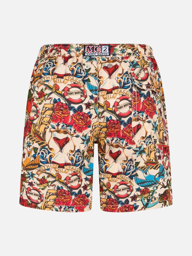 Boy mid-length Jean swim-shorts with striped print