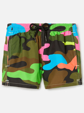 Boy swim shorts with multicolor fluo camouflage print