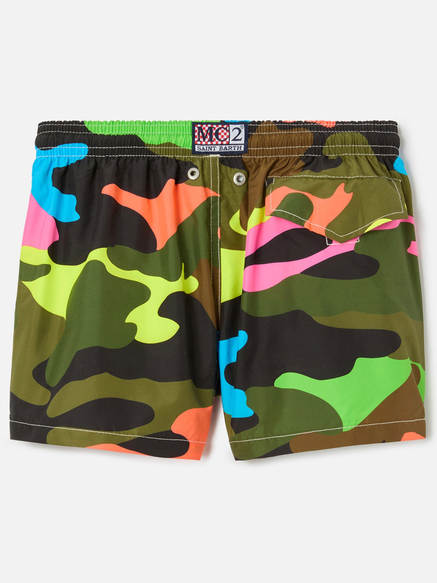 Boy swim shorts with multicolor fluo camouflage print