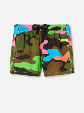 Badeshorts für Jungen mit mehrfarbigem Fluo-Camouflage-Print