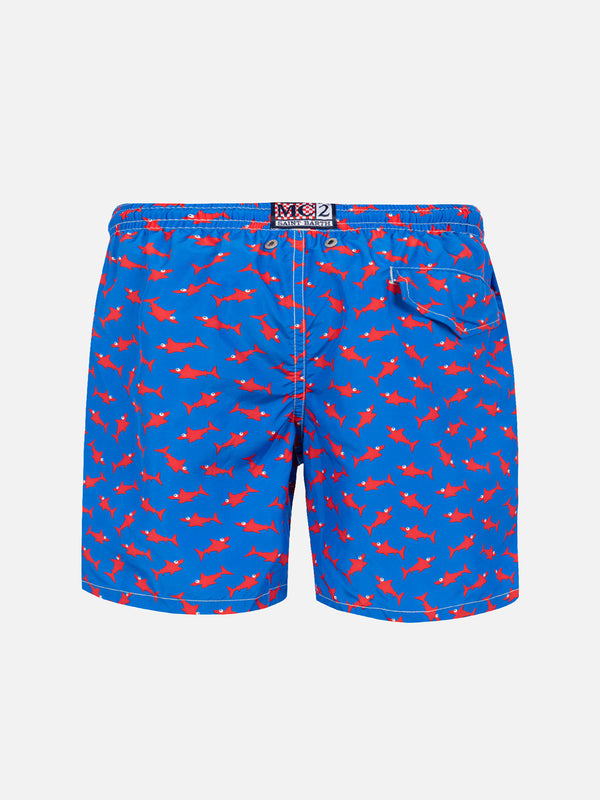 Boy swim shorts with red shark print