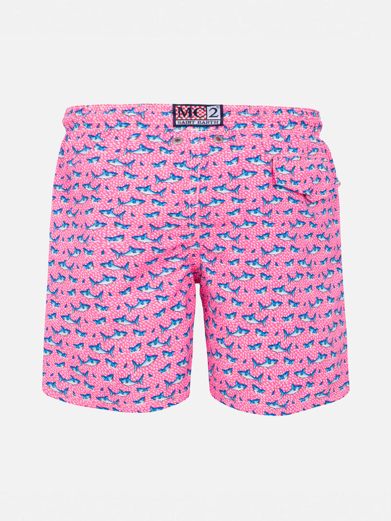 Boy light fabric swim shorts with sharks print