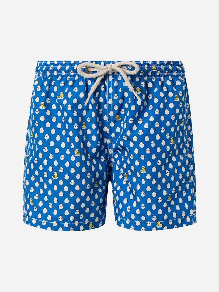 Costume mare Jean in tessuto leggero con stampa ovetti e paperelle