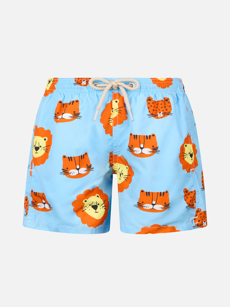 Boy lightweight fabric swim-shorts Jean Lighting with lions print