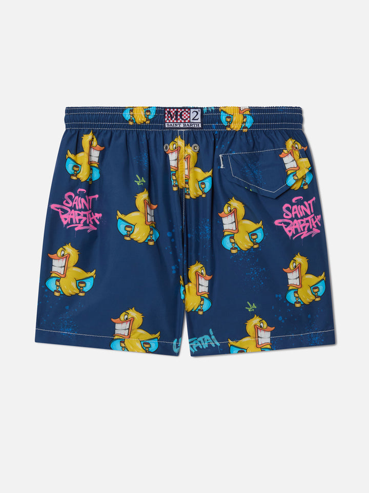 Bañador corto de tejido ligero para niño Jean Lighting con estampado crypto ducky | CRYPTOPUPPETS SPECIAL EDITION 