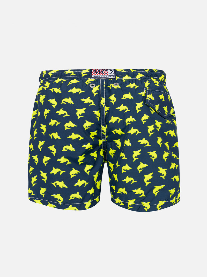 Boy light fabric swim shorts with fluo sharks print