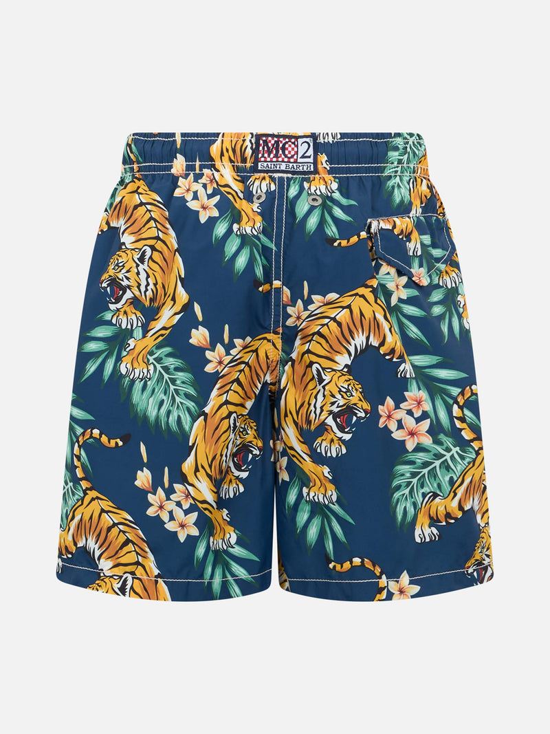 Boy lightweight fabric swim-shorts Jean Lighting with tropical print